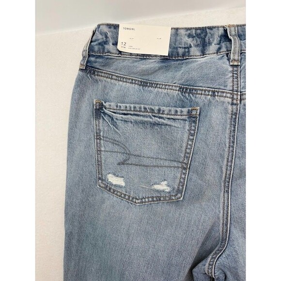 American Eagle Jeans Womens 12 Long Blue Hi Rise Tomgirl Light Wash Ripped Denim - Picture 8 of 9